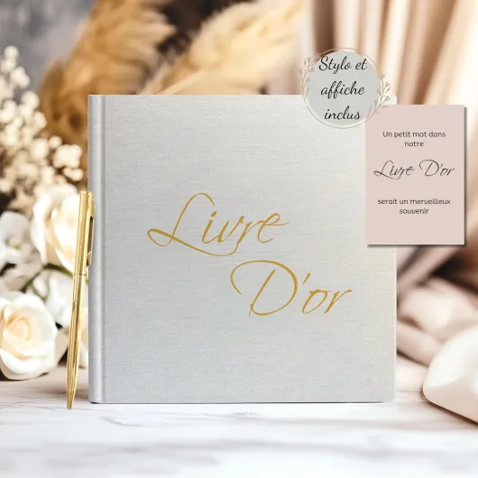 Livre d'Or en Lin Beige, 21x21 cm, 100 Pages Blanches, avec Stylo et Affiche, pour Mariage, Anniversaire, Baptême