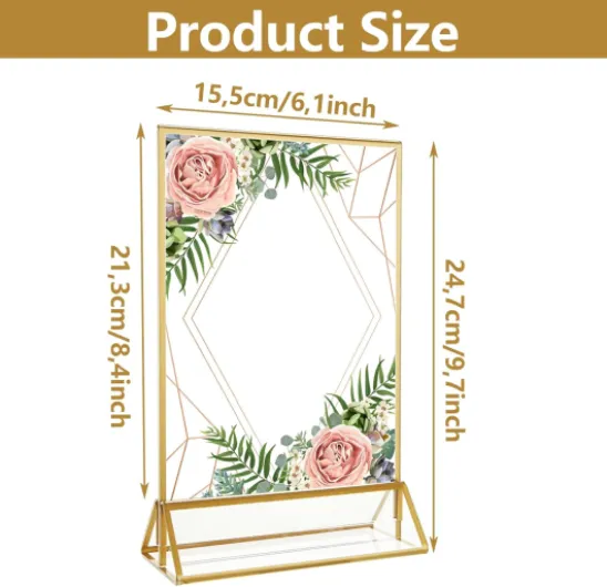 DAJAVE Lot de 8 Cadres Photos Dorés Double Face 15x21cm - Porte-numéros de table dorés en acrylique, chevalets de table transparents pour affiche, porte-menus, cadres photos or A5