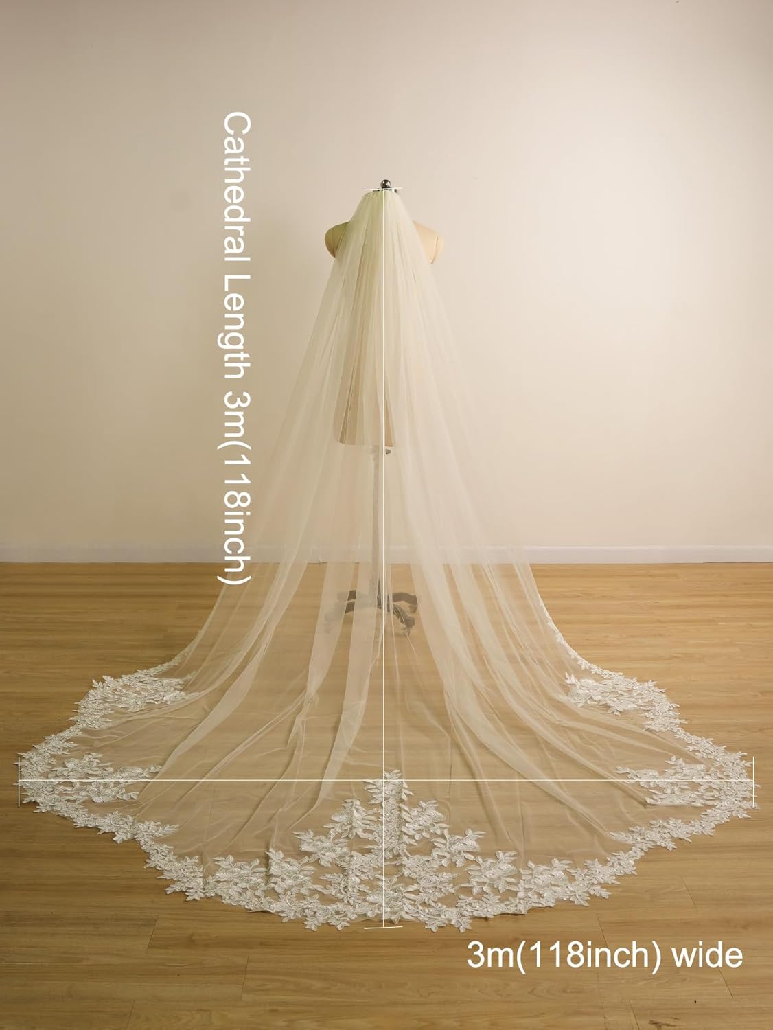 EllieWely Longue cathédrale longueur 1 niveau dentelle voile de mariée F17, blanc, 3M*3M (118 inch)