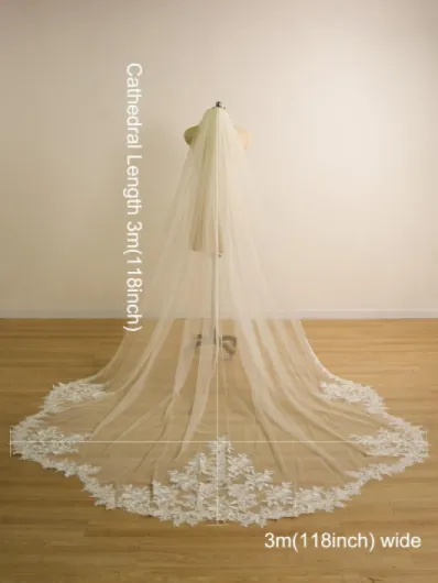 EllieWely Longue cathédrale longueur 1 niveau dentelle voile de mariée F17, blanc, 3M*3M (118 inch)