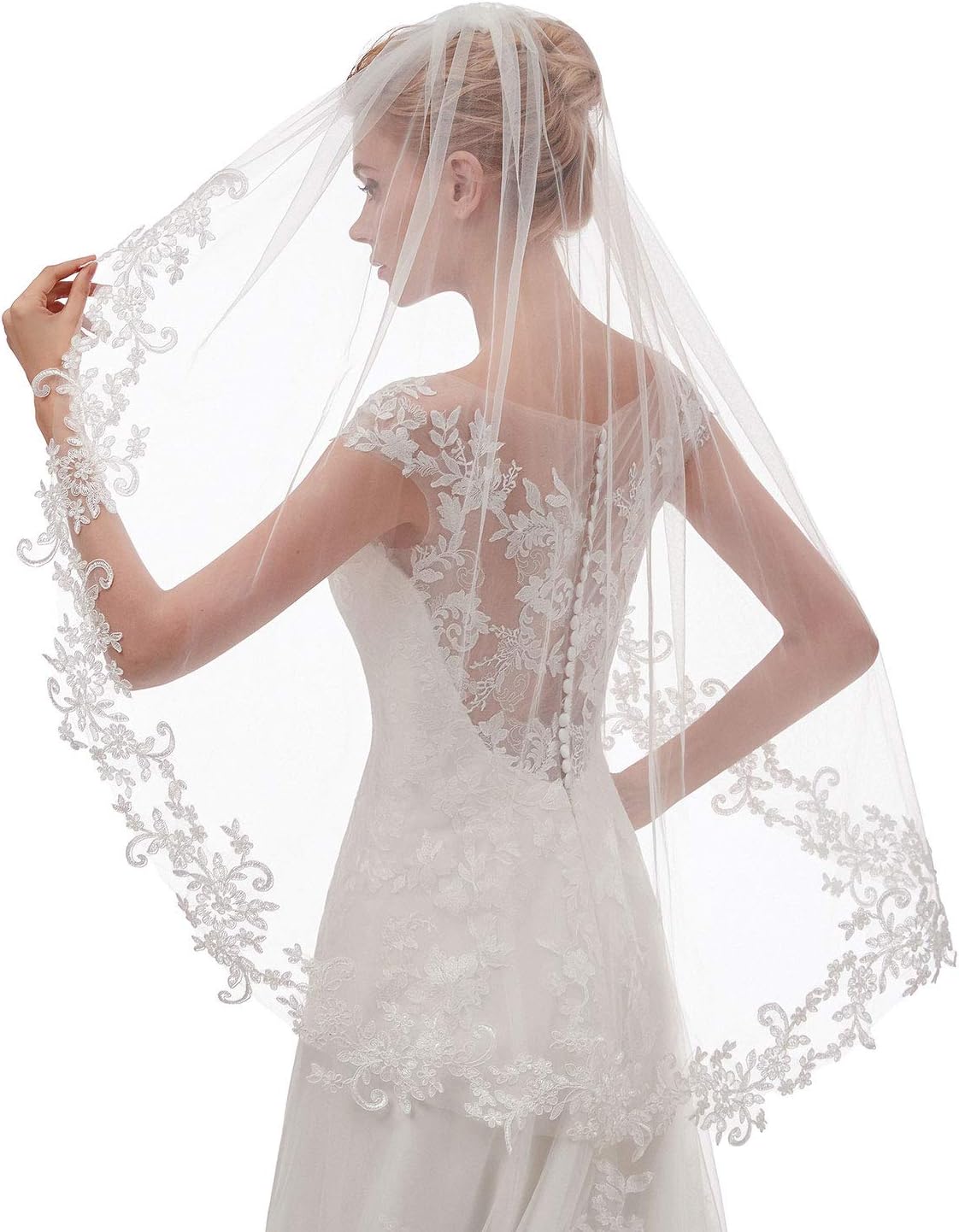 EllieHouse L68 Voile de mariée court en dentelle avec peigne en métal pour femme 1 an Blanc et Style 2