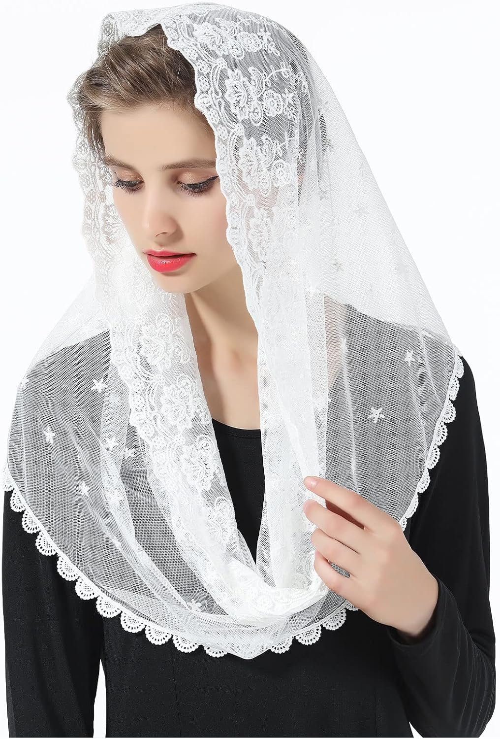 Voile D'église Mantille Catholique Foulard L’écharpe Dentelle Pour Messe Latin Prier Ceremonie Mariage Noire Ivoire Blanc Casse