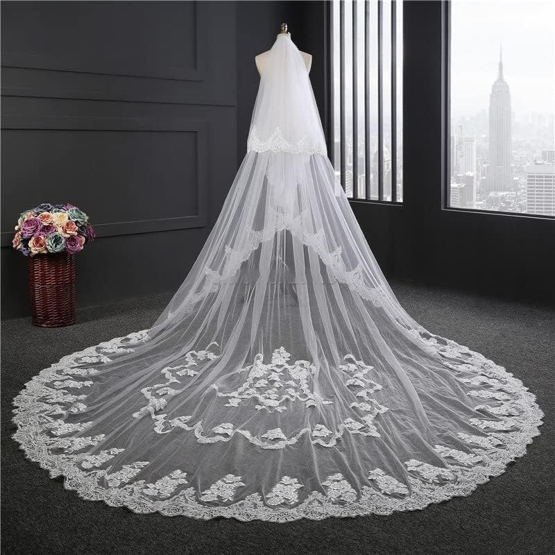 Voile cathédrale à Deux Couches, Voile de Mariage de Luxe, Voile en Tulle et Dentelle pour mariée avec Peigne de Mariage (Ivoire)