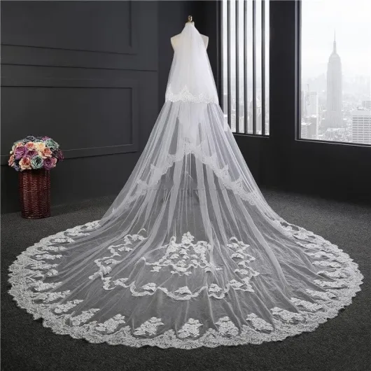 Voile cathédrale à Deux Couches, Voile de Mariage de Luxe, Voile en Tulle et Dentelle pour mariée avec Peigne de Mariage (Ivoire)
