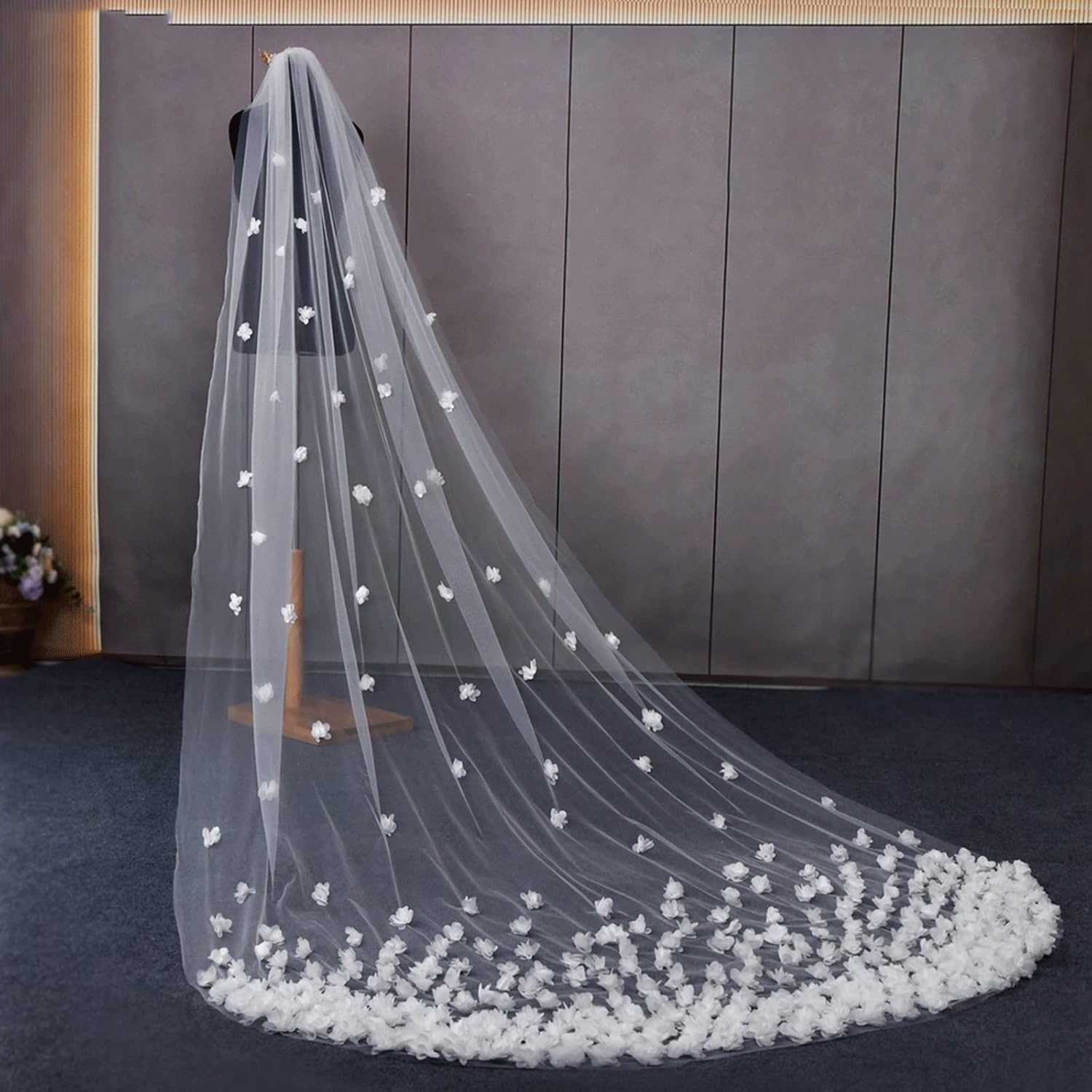 Voile de Mariage cathédrale en Tulle Transparent, Voile de Mariage de Luxe, Fleur en Organza 3D, traînée Ultra-Longue pour Accessoire de Mariage, Cadeau Blanc 300cm