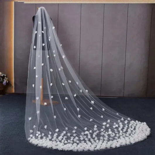 Voile de Mariage cathédrale en Tulle Transparent, Voile de Mariage de Luxe, Fleur en Organza 3D, traînée Ultra-Longue pour Accessoire de Mariage, Cadeau Blanc 300cm