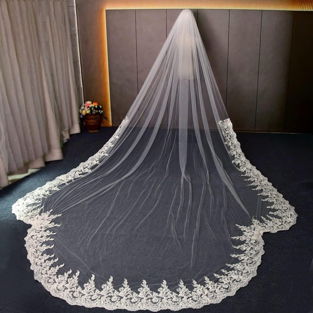 Mariage Long Voile de mariée cathédrale Voile de Mariage mariée 4 mètres Espagnol mantille Dentelle Tulle brodé Accessoires de mariée (Color : White, Size : 400cm) 400cm Blanc