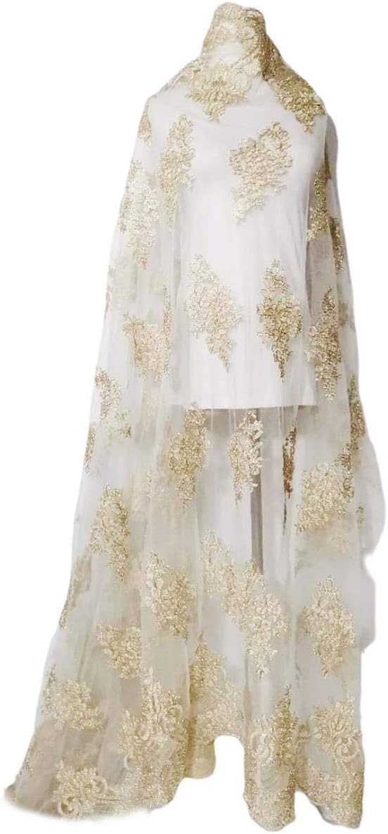 Voiles de mariage pour femmes, Garniture en dentelle dorée de 129.5cm de large, tissu en dentelle florale brodée à la main for voile de robe de mariée
