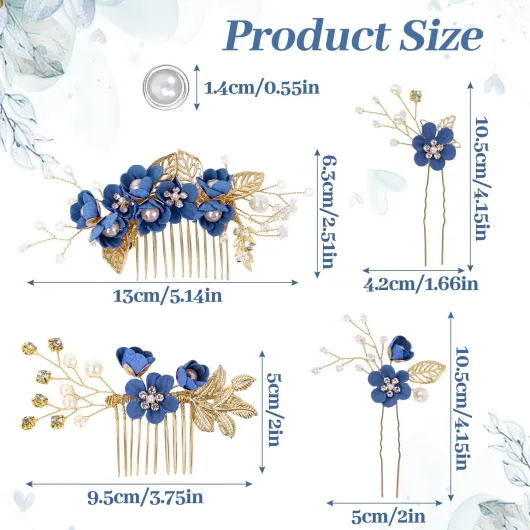 Lot de 4 accessoires pour cheveux de mariage, épingles à cheveux en forme de fleur, 10 épingles à cheveux en spirale avec perles pour mariées, demoiselles d'honneur, femmes et filles (Bleu roi)