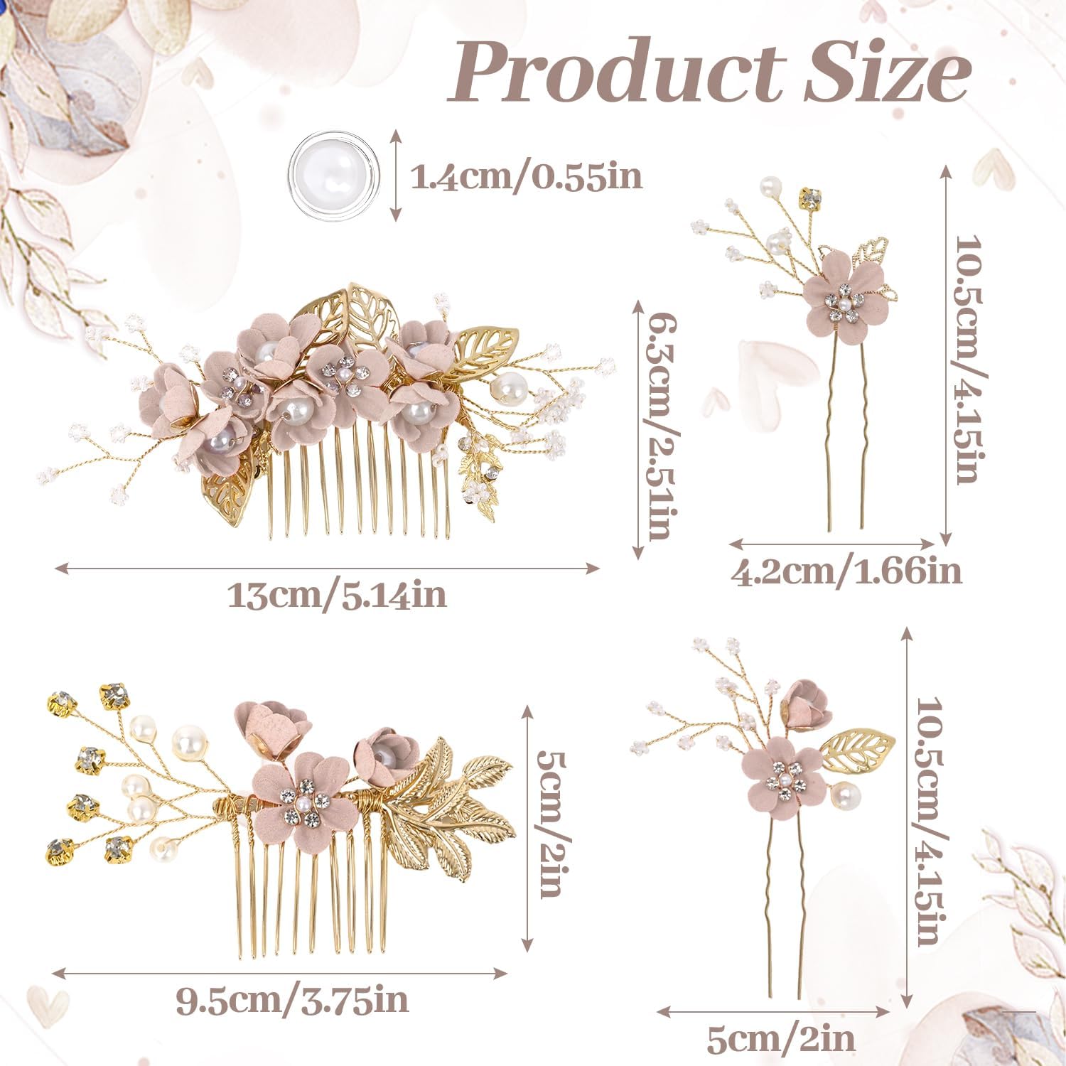 Lot de 4 accessoires pour cheveux de mariage, épingles à cheveux en forme de fleur, 10 épingles à cheveux en spirale avec perles pour mariées, demoiselles d'honneur, femmes et filles (rose)