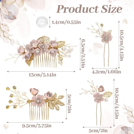 Lot de 4 accessoires pour cheveux de mariage, épingles à cheveux en forme de fleur, 10 épingles à cheveux en spirale avec perles pour mariées, demoiselles d'honneur, femmes et filles (rose)