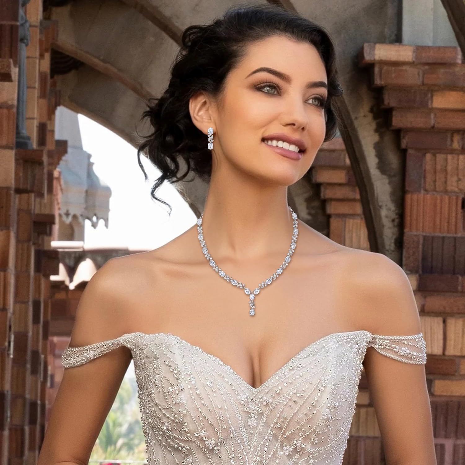 Parure Délicat Femme Forme-Y Bijoux Mariage Élégant Collier Boucles d'oreilles Pendant Ensemble Zircon Zirconium Clair