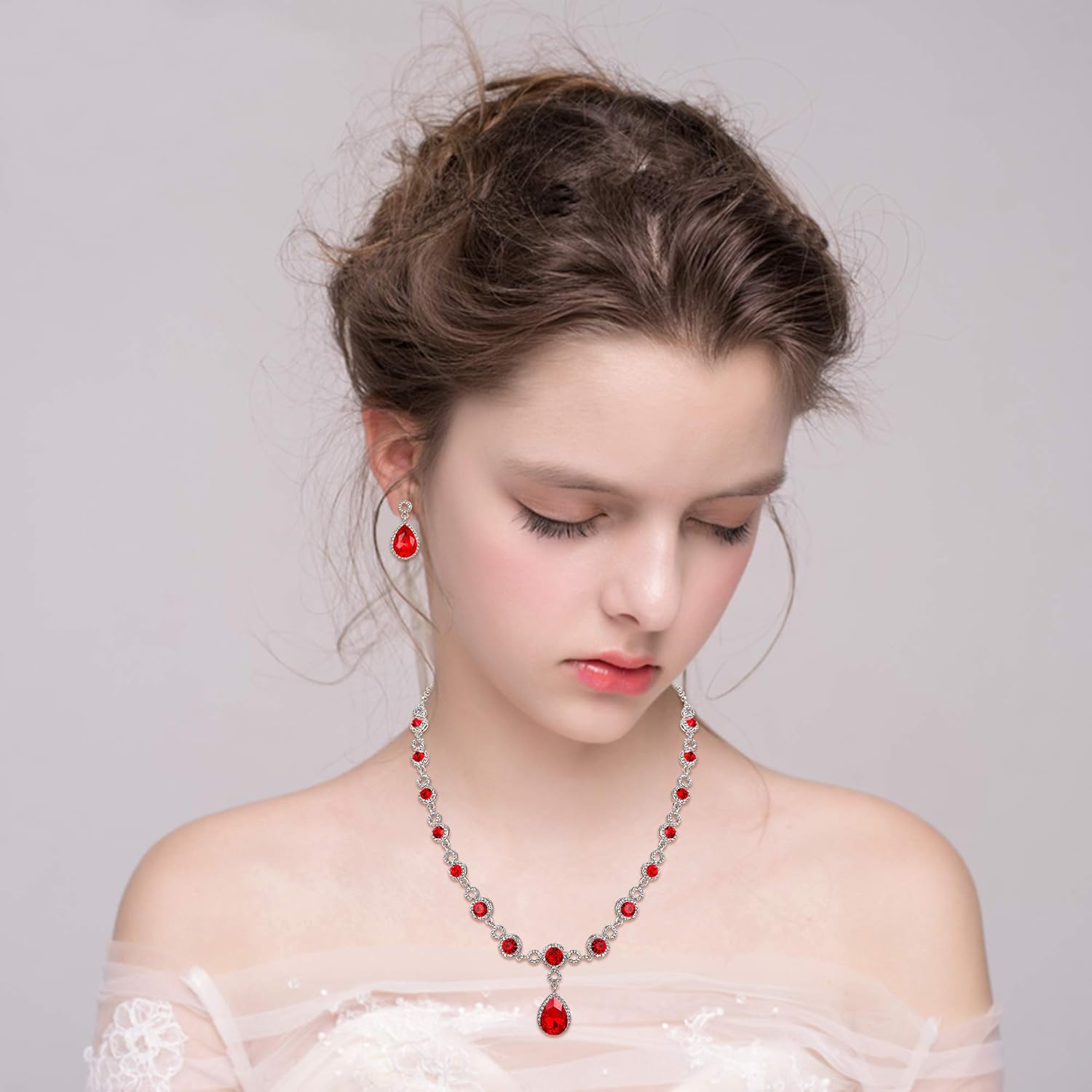 Femme Parure Vogue Noce Bijoux Mariage Mariée Cristal Autrichien Chaîne Collier Bracelet Pendant Boucle d'oreille Ton d'argent Ton D'argent Rouge
