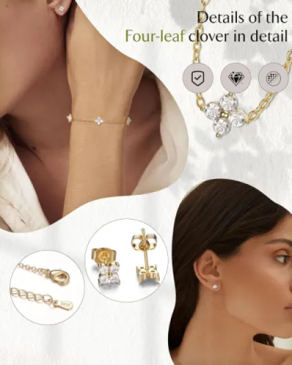 Collier Argent Sterling 925 pour Femmes Boucles d'oreilles Bracelet Or Ensemble Collier Réglable Chaîne Maillons avec Zircon Cubique Ensemble Bijoux Délicats Mariées Mariage Ton Doré
