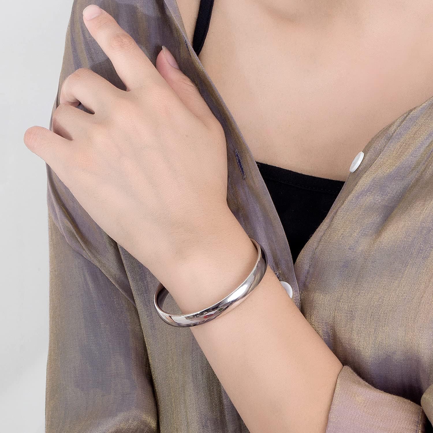 Dankadi Bracelet Poli Massif en 925 Argent 7MM 8MM de Large,60 65 68MM de Diamètre Jonc de Manchette Plat Rond Demi-Rond Lisse Plein D'argent Simple Style Classique Pour Femme Mère Diamètre 68MM 8MM