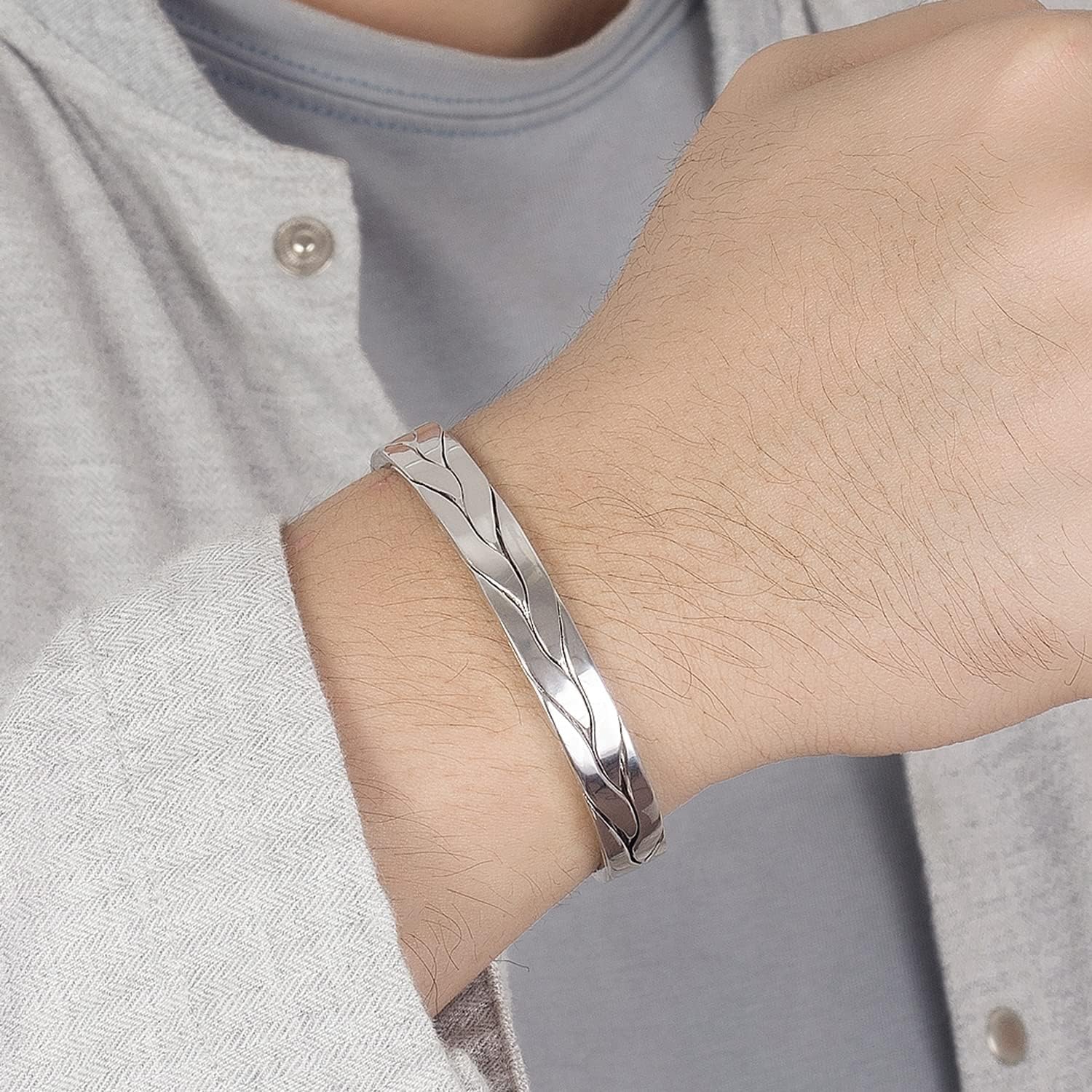 Dankadi Bracelet Ouvert Tressé en 925 Argent pour Femme, 8MM 9MM Large en Forme Épi de Blé Jonc Manchette Φ65MM Plat Rond Pour Homme Réglable Wide 0.37 inch
