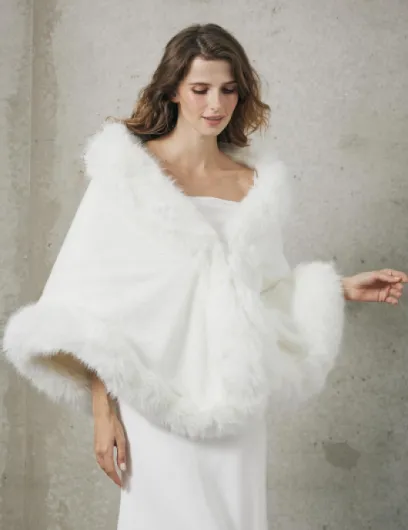 Châle Écharpe Étole En Fausse Fourrure Chaud De Femme Mariage Hiver Sur Robe de Soirée Mariée Cérémonie Fête Demoiselle d'honneur Blanc Cassé