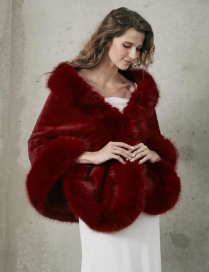 Châle Écharpe Étole En Fausse Fourrure Chaud De Femme Mariage Hiver Sur Robe de Soirée Mariée Cérémonie Fête Demoiselle d'honneur Rouge Vineux