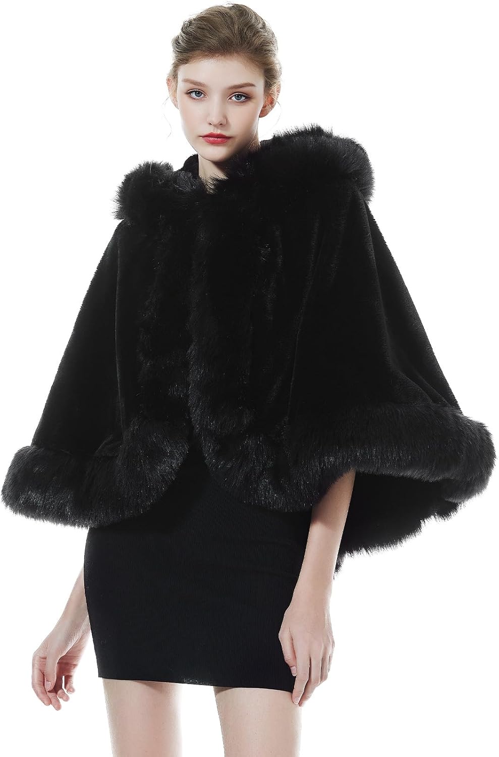 Cape à Capuche Fourrure Poncho Châle Étole Capuchon Manteau Courte de Femme Hiver Mariage Mariée Demoiselle d'honneur Soirée Noël Taille unique Noir