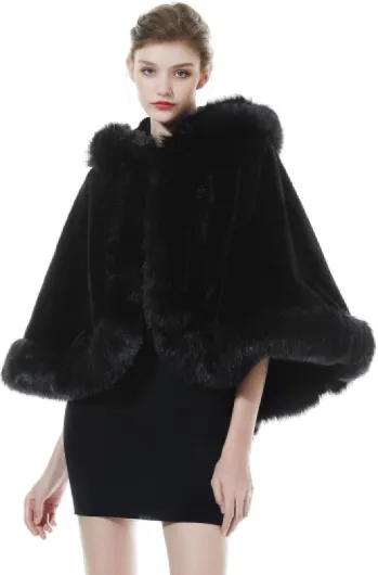 Cape à Capuche Fourrure Poncho Châle Étole Capuchon Manteau Courte de Femme Hiver Mariage Mariée Demoiselle d'honneur Soirée Noël Taille unique Noir