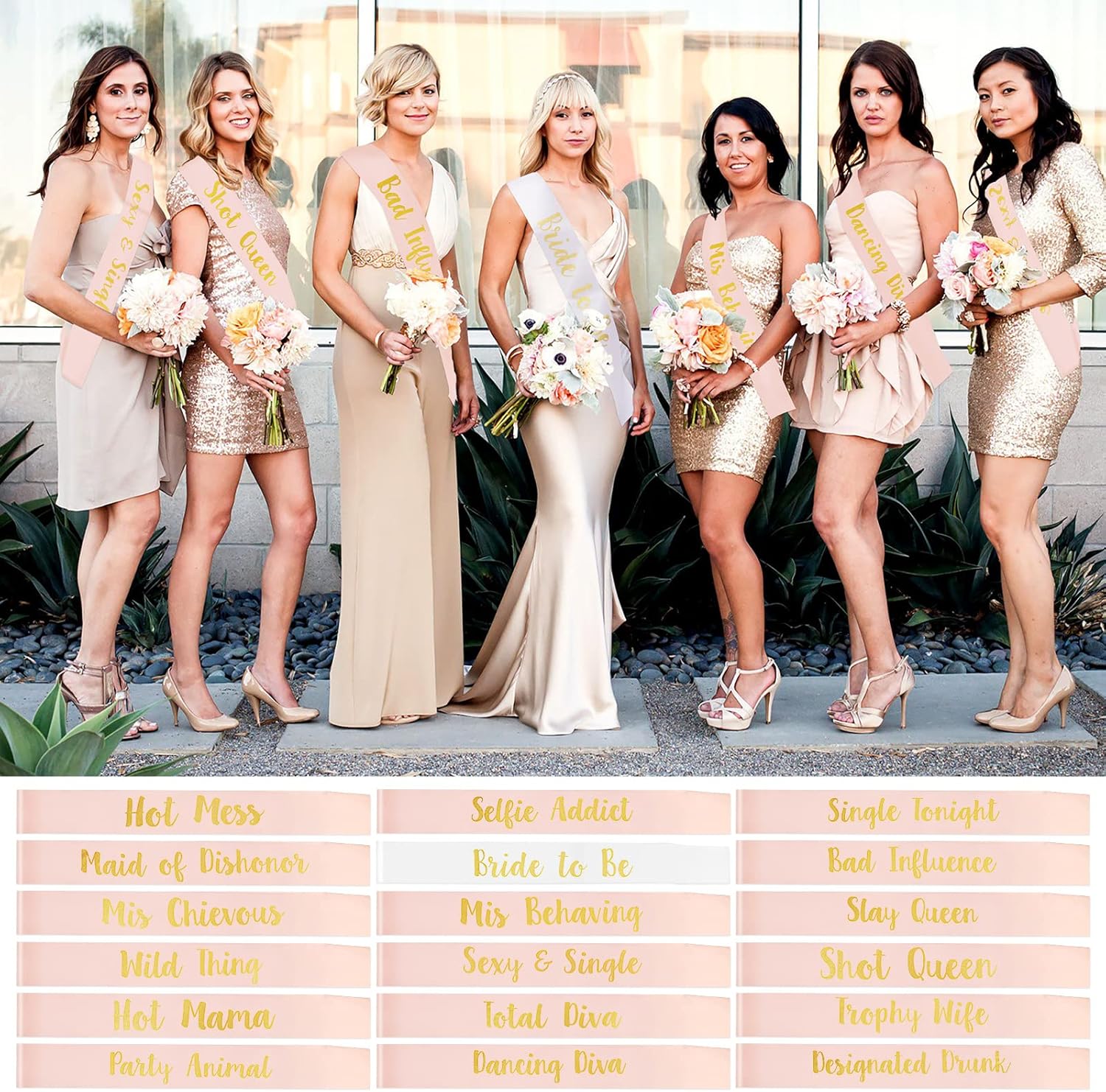 PHOGARY 18 Pièces Team Mariée Écharpe EVJF, 1 White Bride To Be Sash +17 Or Rose Team Bride Tribu Poule Ne Sash Pour Poule De Mariée De Douche De Mariée Mariage Accessoires De Fête De Bachelorette Or Rose + Blanc
