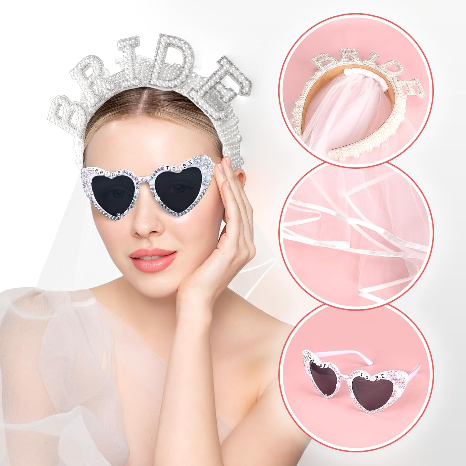 Accessoire EVJF, Bandeau de Mariée Voile Blanc + Lunette Coeur avec Perles, Bride to Be Accessoires pour Mariages Fiançailles Enterrement de Vie de Jeune Fille
