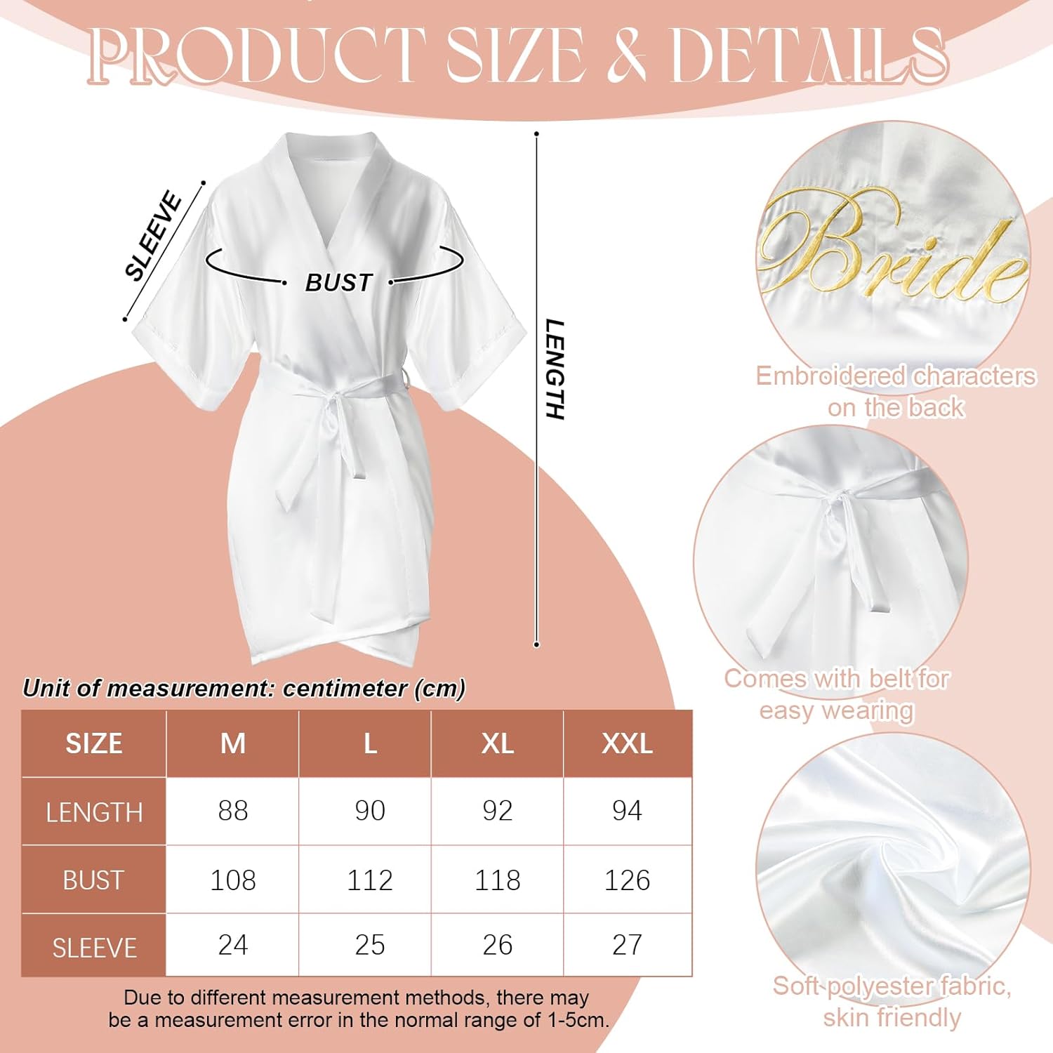BBTO Peignoir et Pantoufles de Mariée Robe Courte en Satin Blanche Chaussons de Demoiselle d'Honneur pour Femme et Fille M blanc, doré