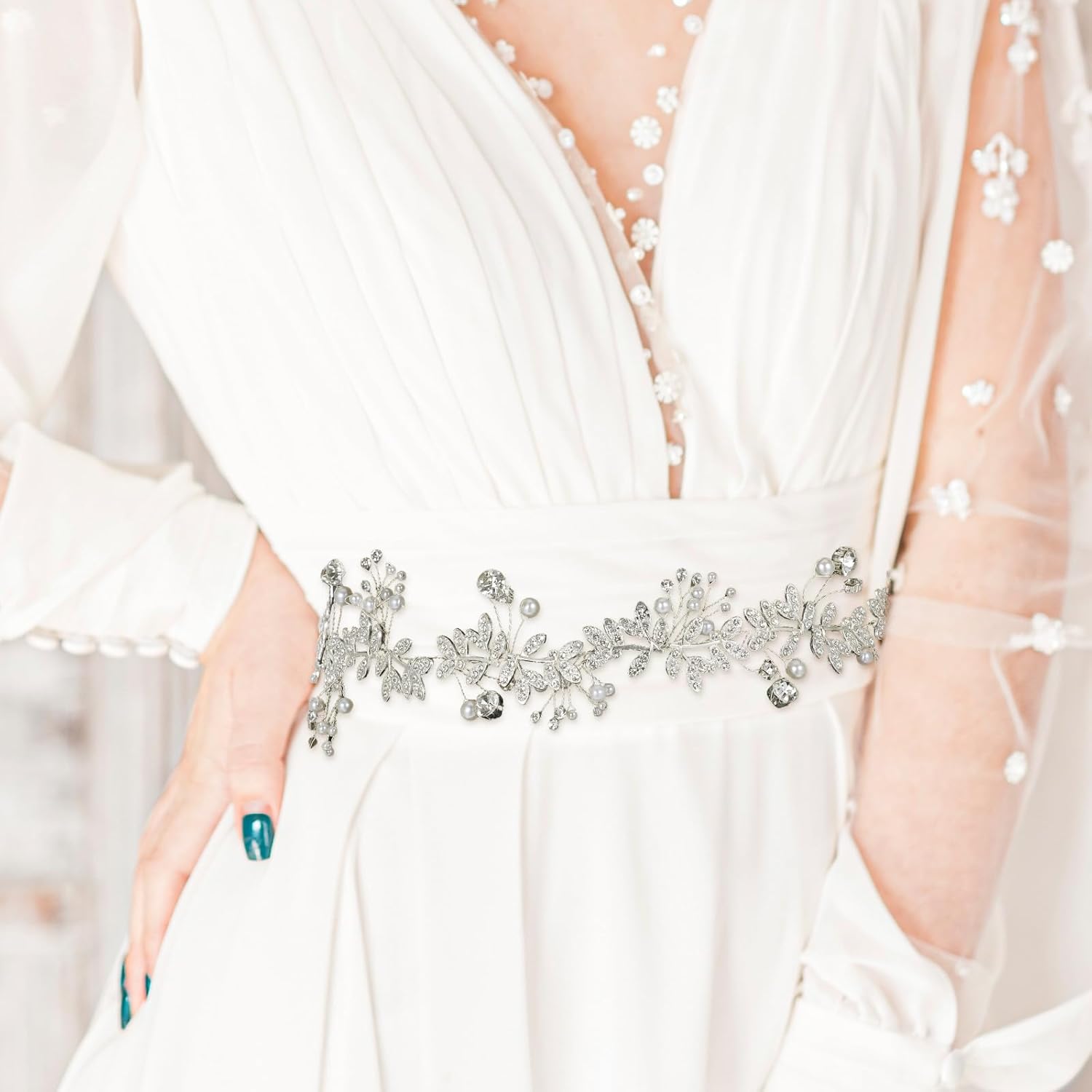 Abeillo Ceinture de robe de mariée avec strass et perles en cristal pour robes de soirée