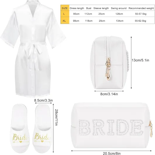 Robe de Mariée Femme en Satin, Peignoir de Mariée en Satin avec Pantoufles et Sac de Cosmétiques, Cadeau de Mariage, Ensembl pour Enterrement de Vie de Jeune Fille, Cérémonie, Fête XL
