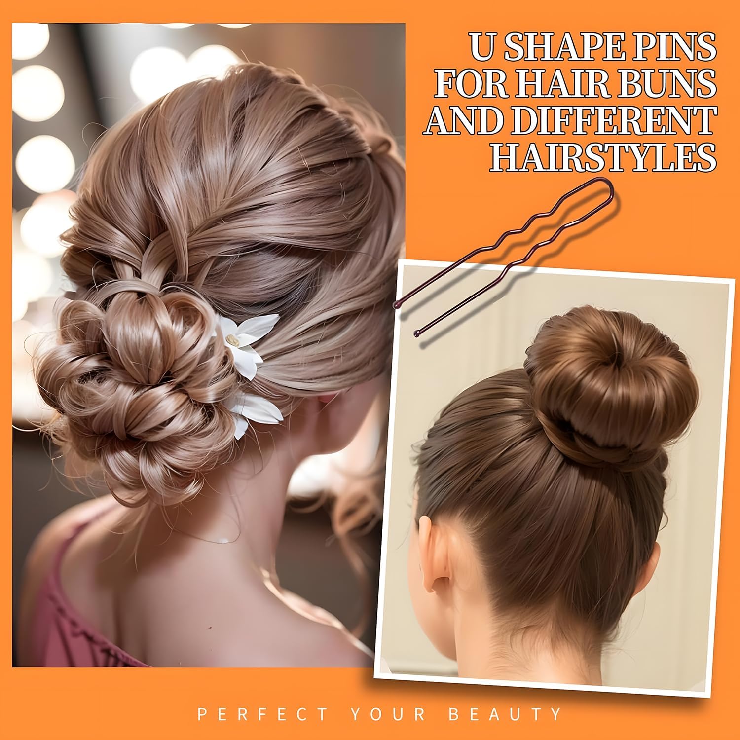 Epingle a Cheveux 500 Pièces Femme Pince Chignon U Epingle à Cheveux 2 pouce 2.36 pouce Barrette Cheveux 2 pouce 2.75 pouce Bandes de Cheveux Transparentes avec Boîte de Rangement(marron)