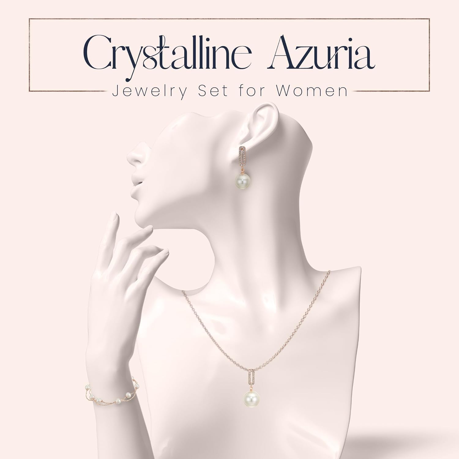 Femme Ensemble Collier Pendantes Boucles d'Oreilles et Bracelet 18ct Plaqué Or Rosé avec Blancs imitation Perles Moderne