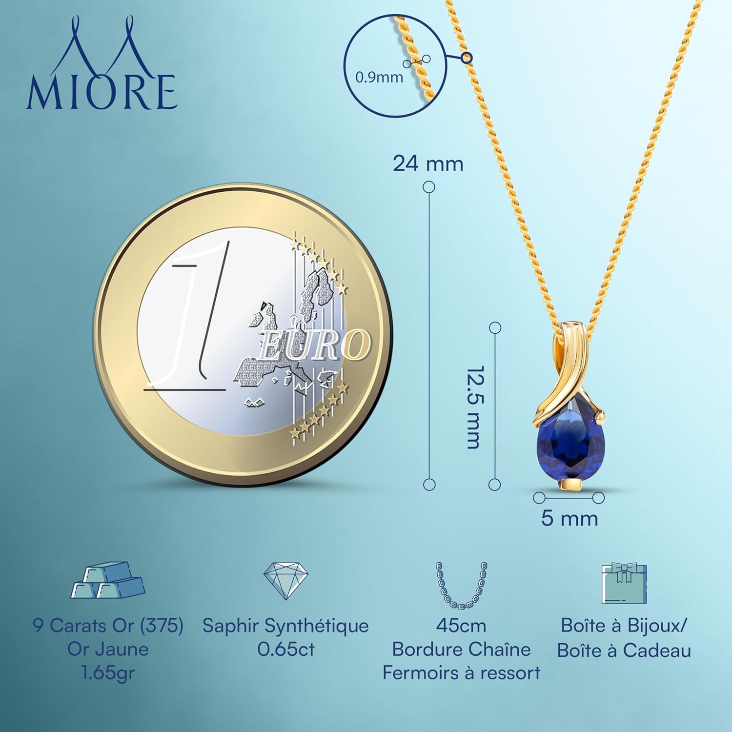 Collier Femmes en Or Blanc-Or Jaune 9 carat 375 Pendentif Pierre Précieuse Poire Aigue-Marine, Améthyste, Topaza, Saphir, Rubis, Emeraude Chaîne 45 cm avec Boîte à Bijoux Or jaune Saphir