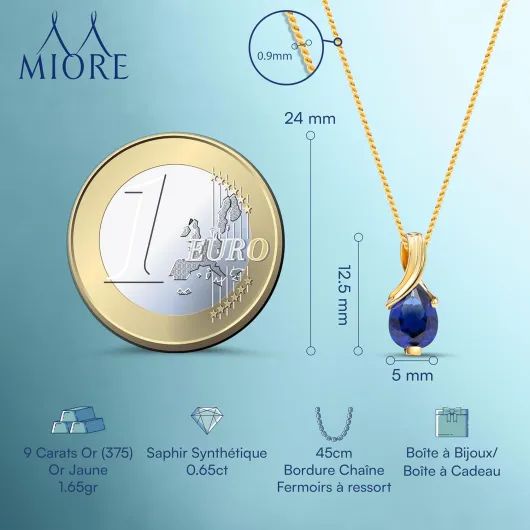 Collier Femmes en Or Blanc-Or Jaune 9 carat 375 Pendentif Pierre Précieuse Poire Aigue-Marine, Améthyste, Topaza, Saphir, Rubis, Emeraude Chaîne 45 cm avec Boîte à Bijoux Or jaune Saphir