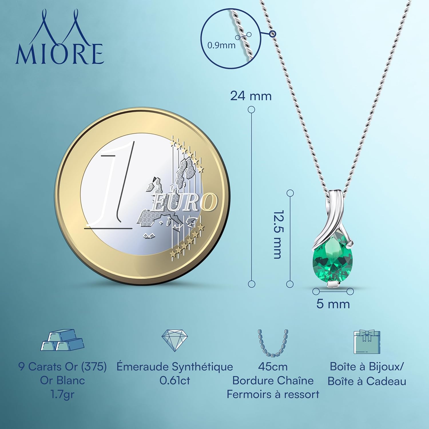 Collier Femmes en Or Blanc-Or Jaune 9 carat 375 Pendentif Pierre Précieuse Poire Aigue-Marine, Améthyste, Topaza, Saphir, Rubis, Emeraude Chaîne 45 cm avec Boîte à Bijoux Or blanc Émeraude