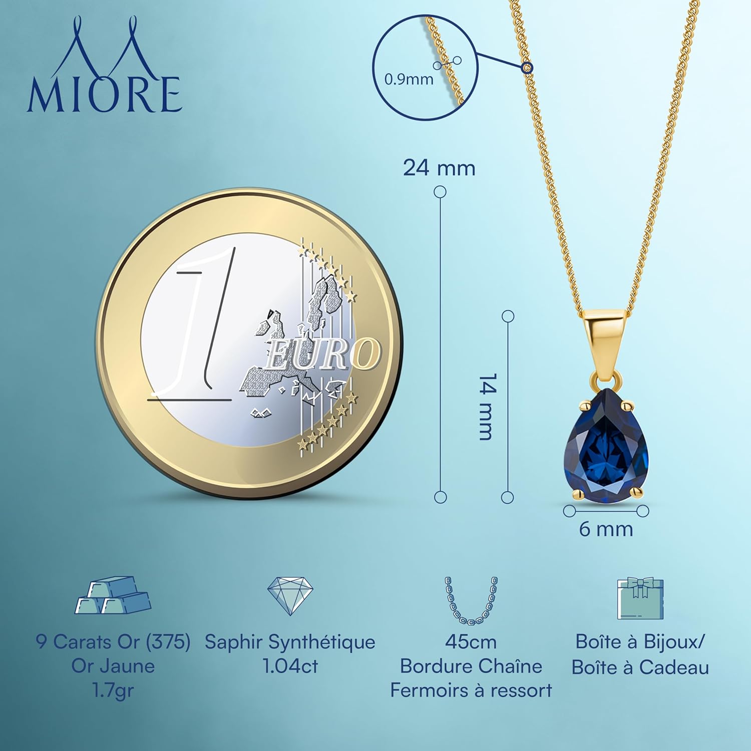 Collier Femme Or Blanc Massif 9KT 375, Chaîne Femme Or Jaune avec Pendentif Saphir/Rubis/Emeraude/Topaze, Bijoux Femme Hypoallergénique, Chaîne Gourmette 45 cm, Livré avec Boîte à Bijoux Or Jaune Saphir
