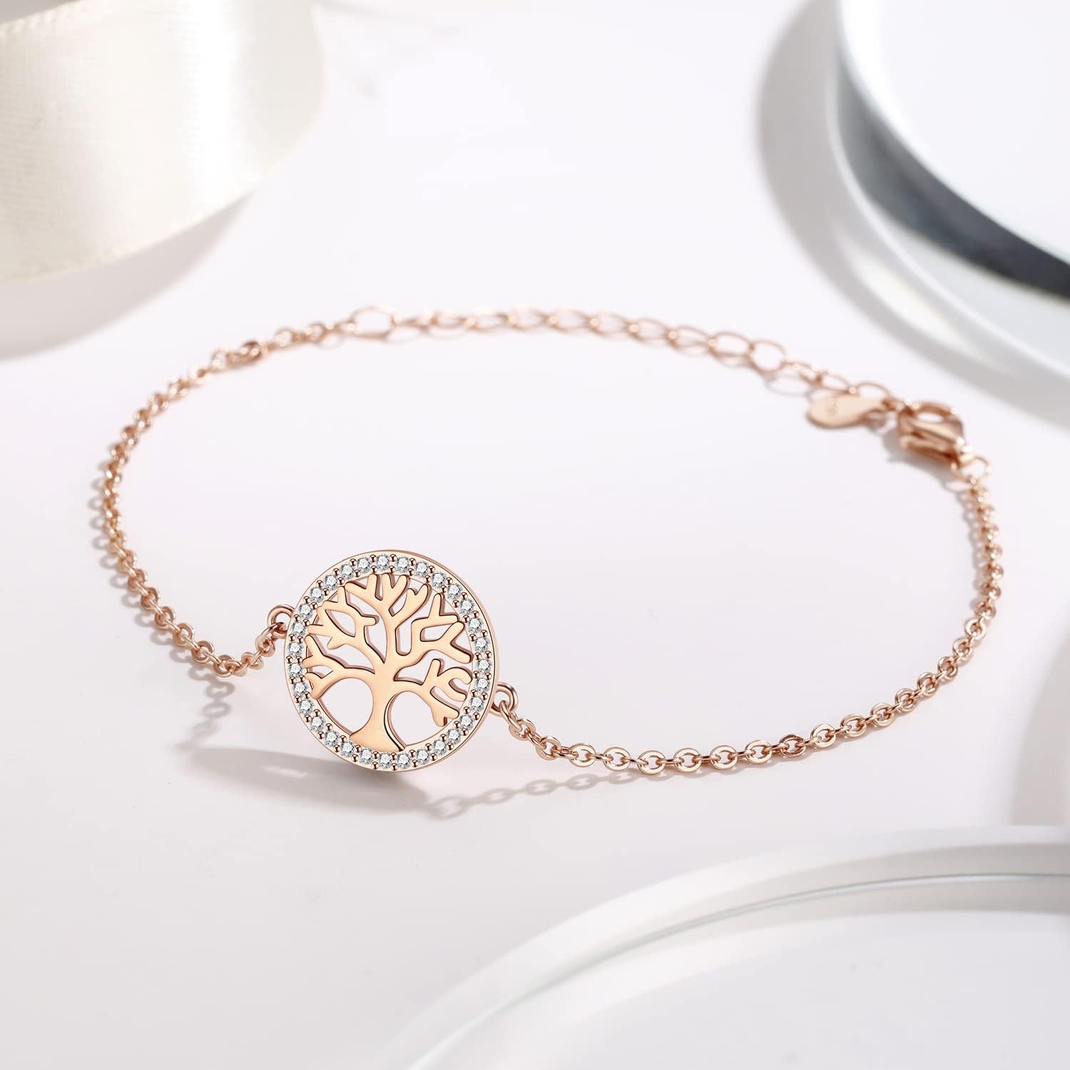 Arbre de Vie Bracelet Femme Argent 925, Original Idee Cadeau Anniversaire Femme Fete des Meres avec Boite Cadeau White/Or Rose Shiny