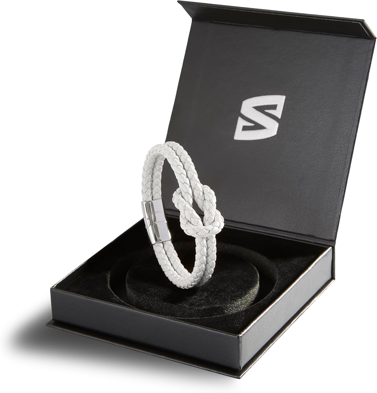 Bracelet en Cuir [Knot] pour Femme - Différentes Couleurs et Longueurs - Fermoir Magnétique en Acier Inoxydable - Boîte à Bijoux Exclusive - Super Idée Cadeau Blanc 18cm