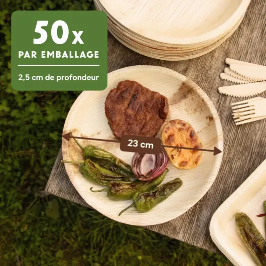 ® assiette jetable en palmier [50 pcs ⌀ 23cm] assiette barbecue comme décoration d'anniversaire [rond] assiettes plates alternative aux assiette plastique reutilisable comme vaisselle jetable