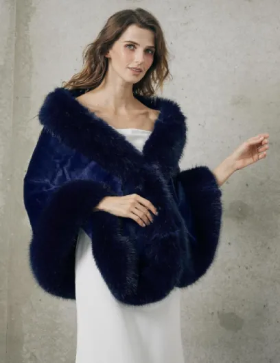 Châle Écharpe Étole En Fausse Fourrure Chaud De Femme Mariage Hiver Sur Robe de Soirée Mariée Cérémonie Fête Demoiselle d'honneur Bleu Foncé