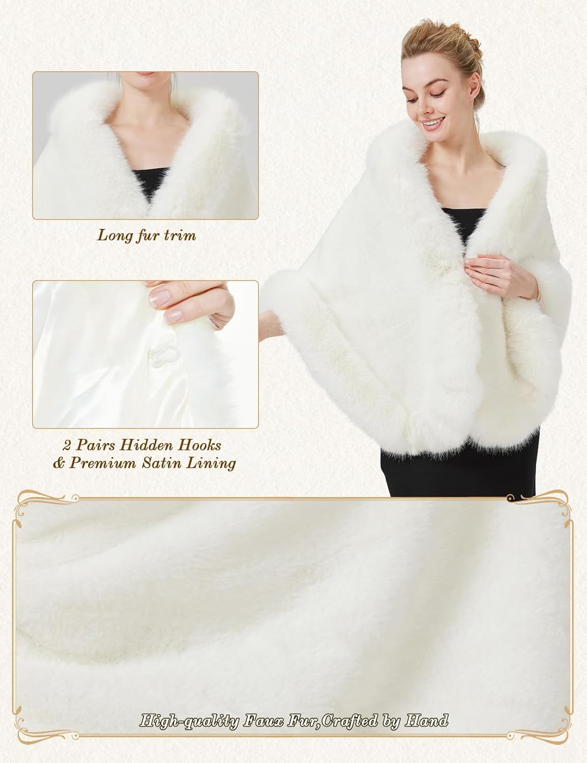 Châle Étole en Fausse Fourrure Écharpe Cape De Femme Mariage Hiver Sur Robe de Soirée Mariée Cérémonie Fête Demoiselle d'honneur Ivoire Noire