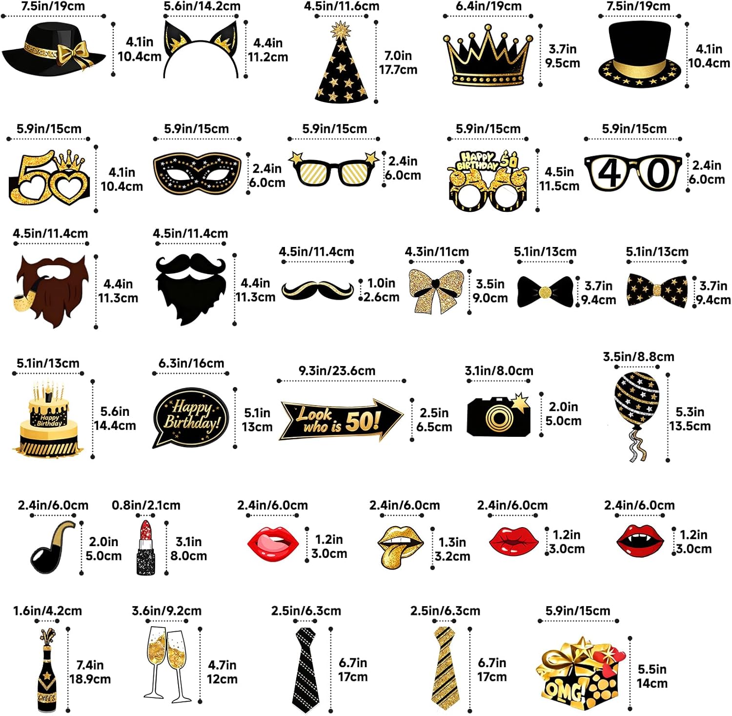 32 Pcs Accessoires de Photomaton: Kit Photobooth 50 Ans Noir & Doré-DIY Fête Photo Booth Props Accessoires pour Fête Anniversaire Mariage Bal Disco Mardi Gras