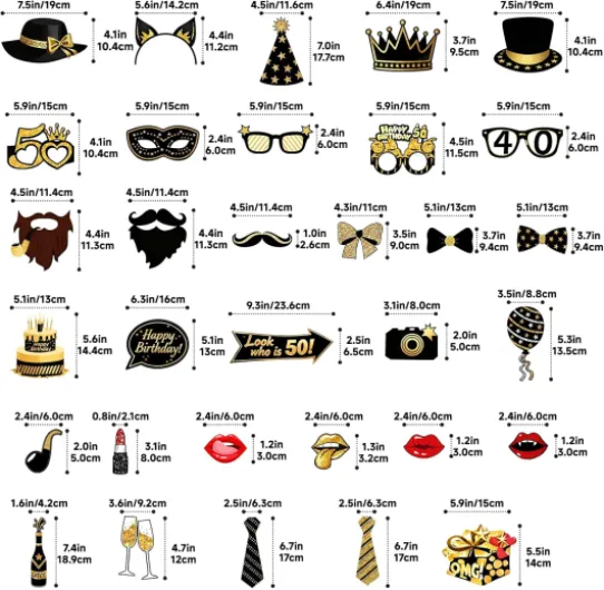 32 Pcs Accessoires de Photomaton: Kit Photobooth 50 Ans Noir & Doré-DIY Fête Photo Booth Props Accessoires pour Fête Anniversaire Mariage Bal Disco Mardi Gras