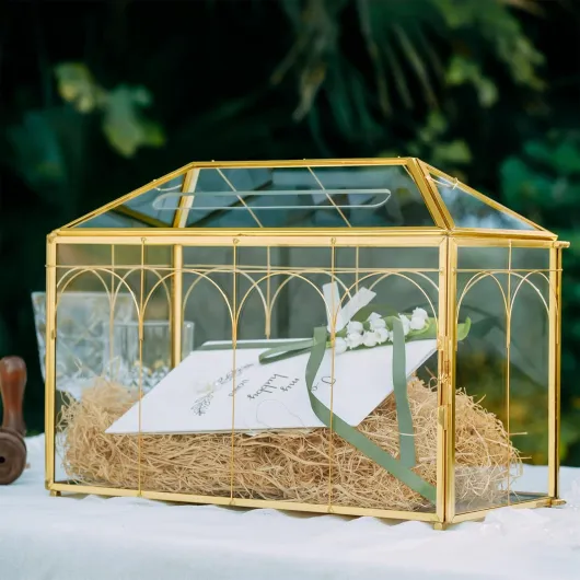 32cm Boîte à Cartes en Verre Doré avec Fente et Verrou pour Réception de Mariage, Géométrique Vintage Décoration de Fête de Mariage (Boîtier en verre et serrure uniquement)