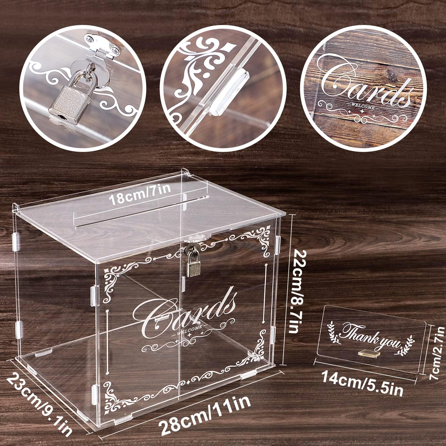 Benjia Grande boîte en acrylique pour cartes cadeaux de mariage, avec cadenas et fente, style vintage, pour mariage, anniversaire, jubilé Transparent-2