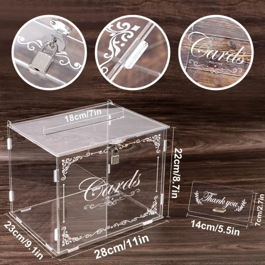 Benjia Grande boîte en acrylique pour cartes cadeaux de mariage, avec cadenas et fente, style vintage, pour mariage, anniversaire, jubilé Transparent-2