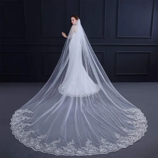 SimpleLife Voile de Mariage 4M Romantique Avec Dentelle Brodée, Couche Unique de Cheveux de Mariée avec Peigne