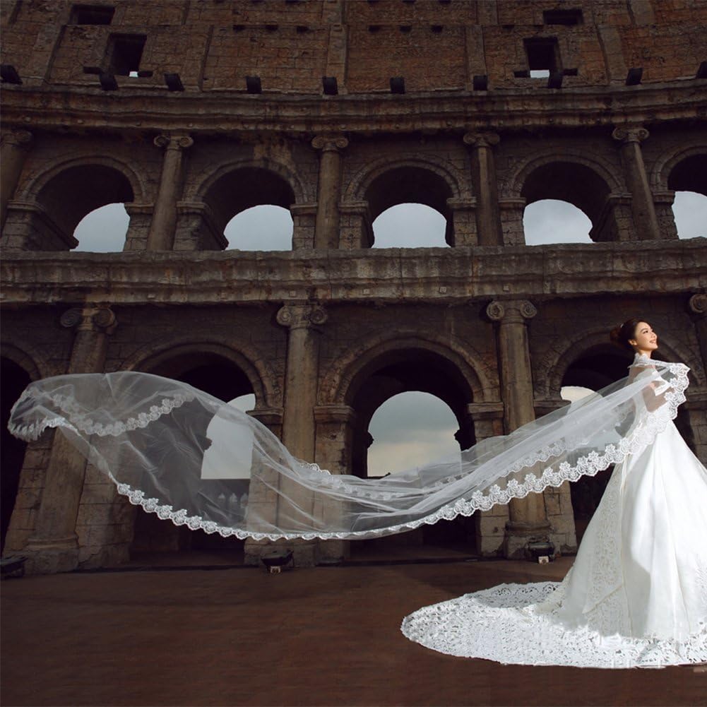 IBLUELOVER Voile de Mariée avec Dentelle Bords Onde Voile de Marriage Longue 5 Mètres élégant Beau Voilette Blanc Nuptiale Accessoires de Marriage Princesse Tulle Cathédrale Cérémonie Photographe