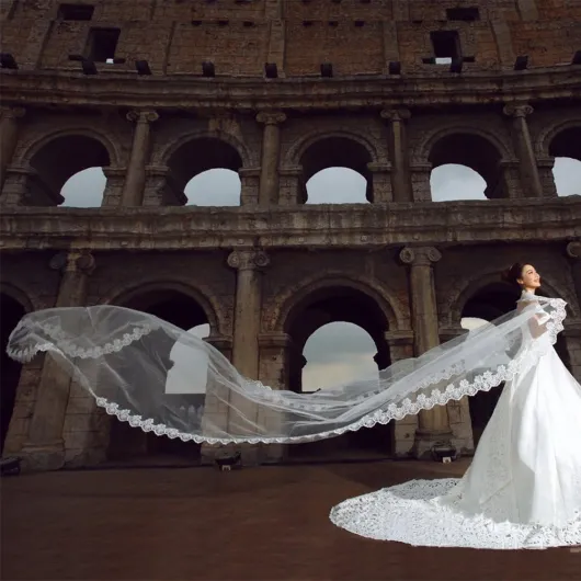 IBLUELOVER Voile de Mariée avec Dentelle Bords Onde Voile de Marriage Longue 5 Mètres élégant Beau Voilette Blanc Nuptiale Accessoires de Marriage Princesse Tulle Cathédrale Cérémonie Photographe