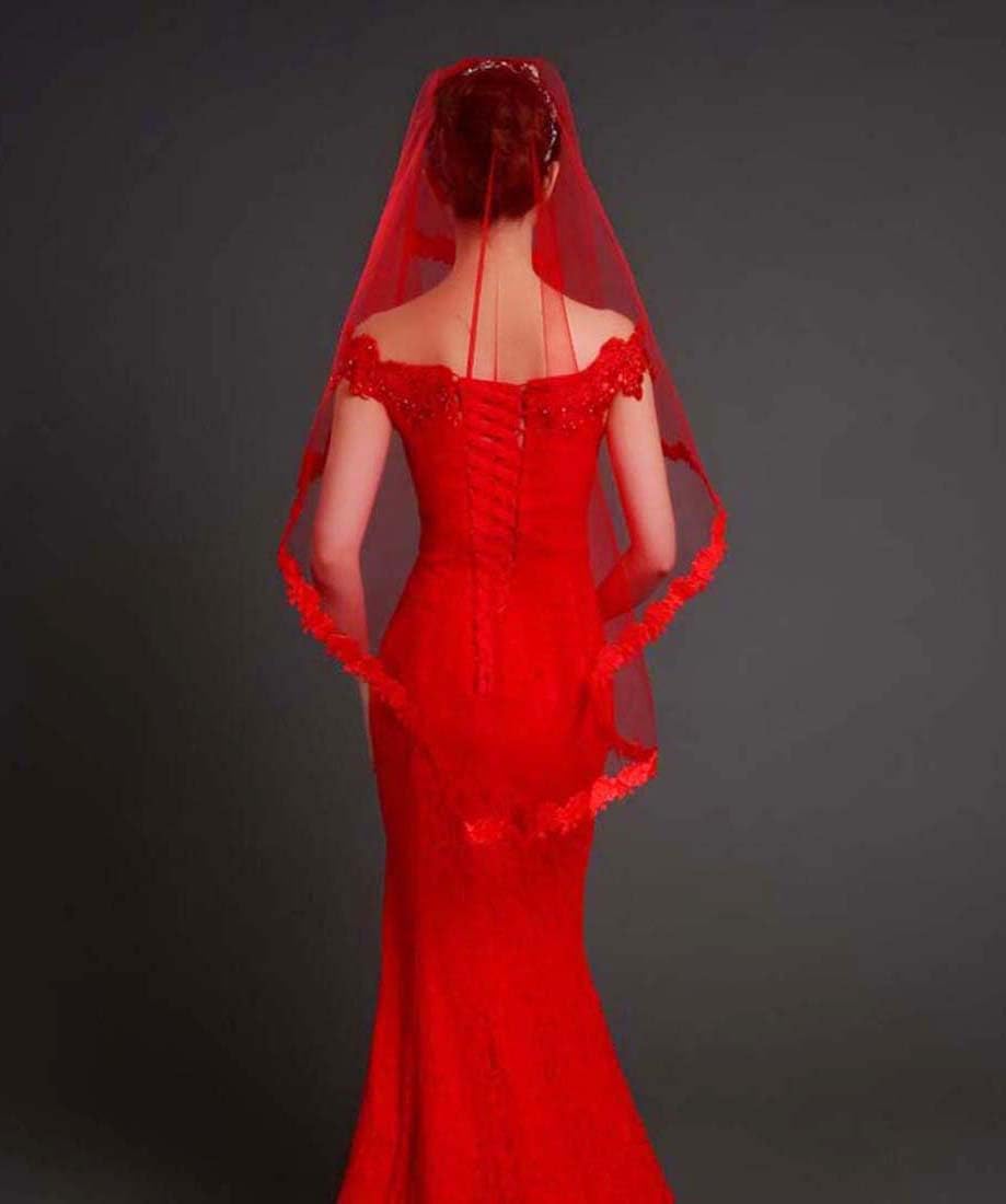 Long voile de mariée en tulle pour femme, accessoire de mariée, rouge, 130 x 170 cm
