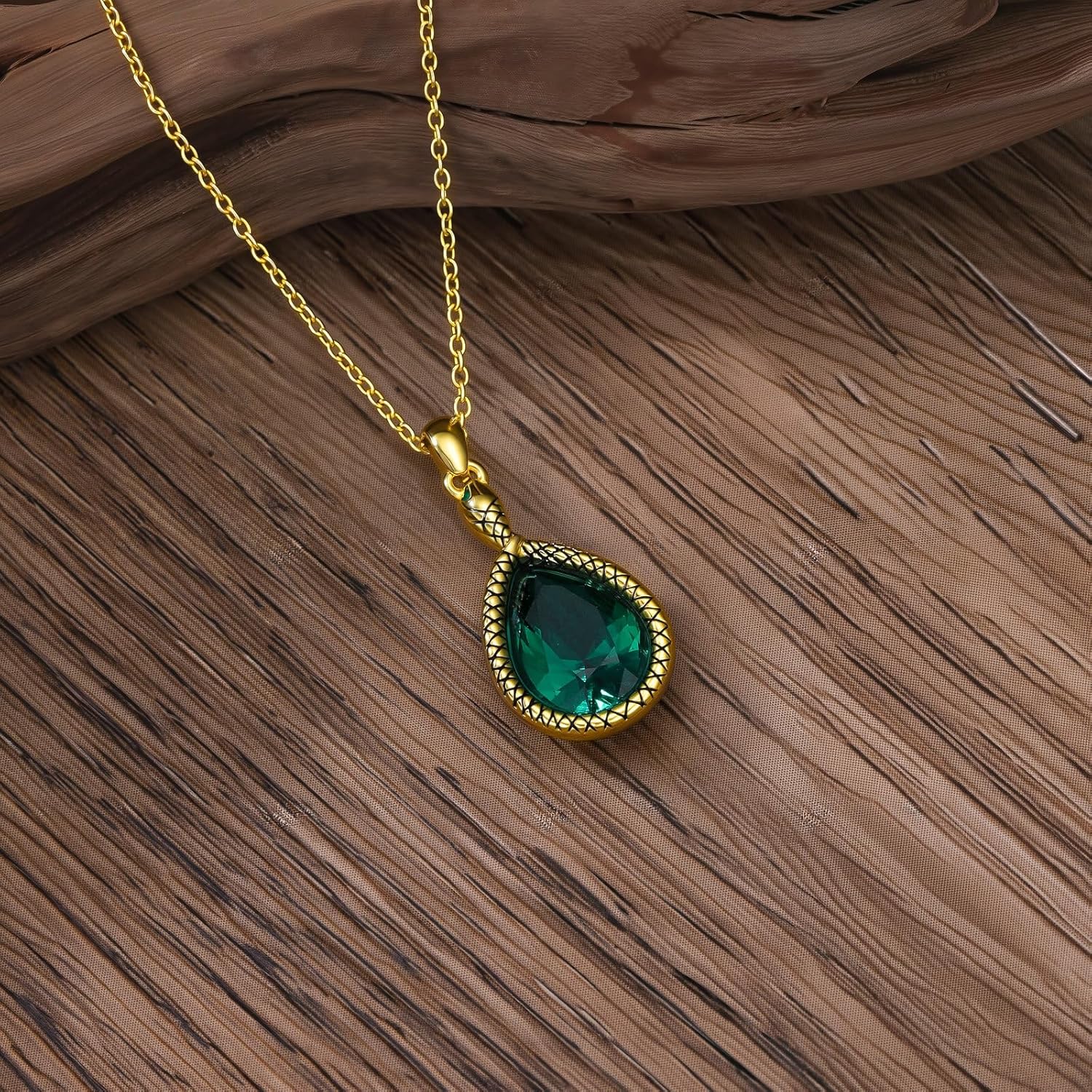 Collier pendentif en plaqué or 18 carats, forme goutte, émeraude vintage, chaîne serpent, 45 cm + chaîne d'extension de 5 cm